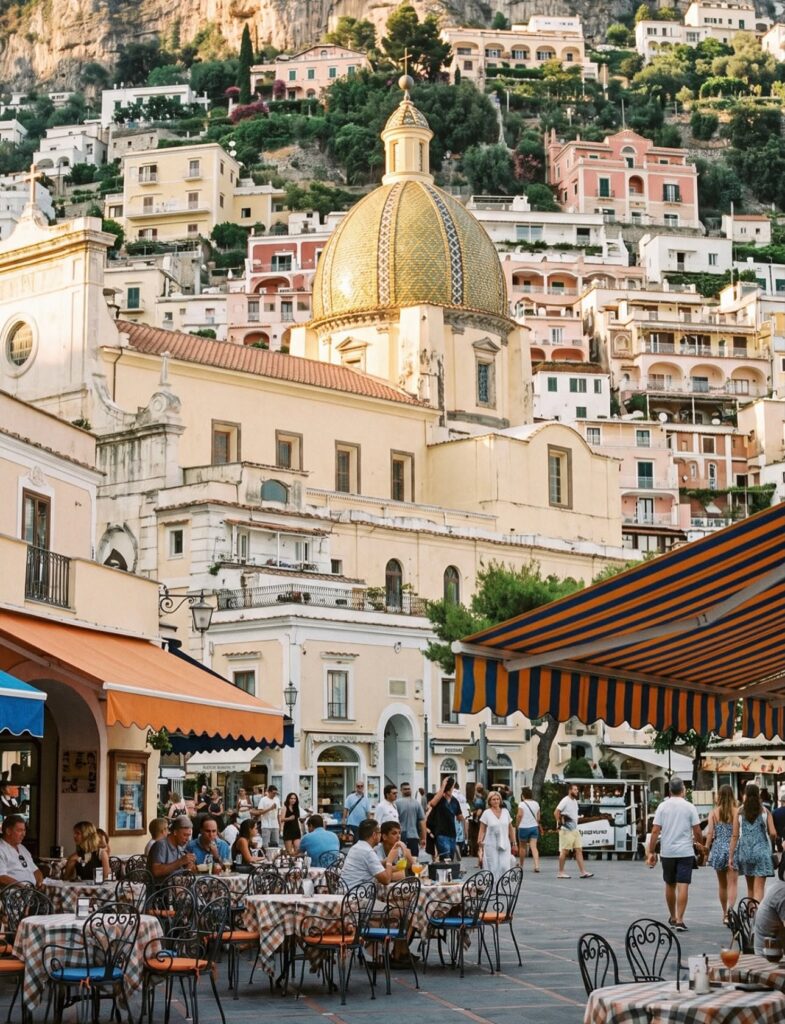 Positano's golden domed church rising above the piazza with striped market umbrellas at golden hour