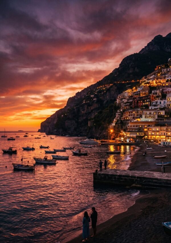 Fishing boats moored in Positano's harbor at sunset with the town lit up on the cliffside above the Amalfi Coast