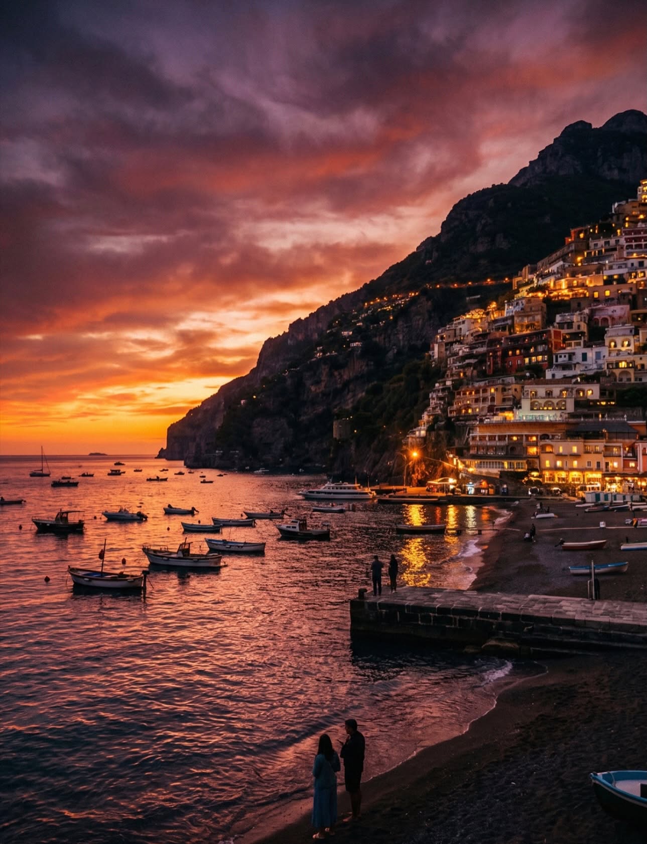 Fishing boats moored in Positano's harbor at sunset with the town lit up on the cliffside above the Amalfi Coast