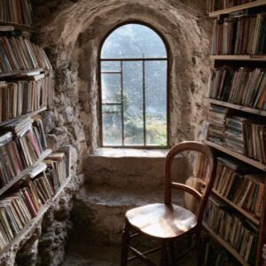 Ancient stone reading room with arched window and floor-to-ceiling bookshelves in Ravello Italy