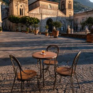 Cafe table and chairs in an Italian piazza with an ancient cathedral in warm morning light on the Amalfi Coast
