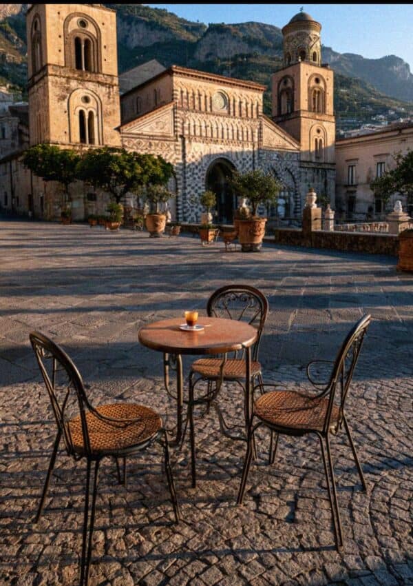 Cafe table and chairs in an Italian piazza with an ancient cathedral in warm morning light on the Amalfi Coast