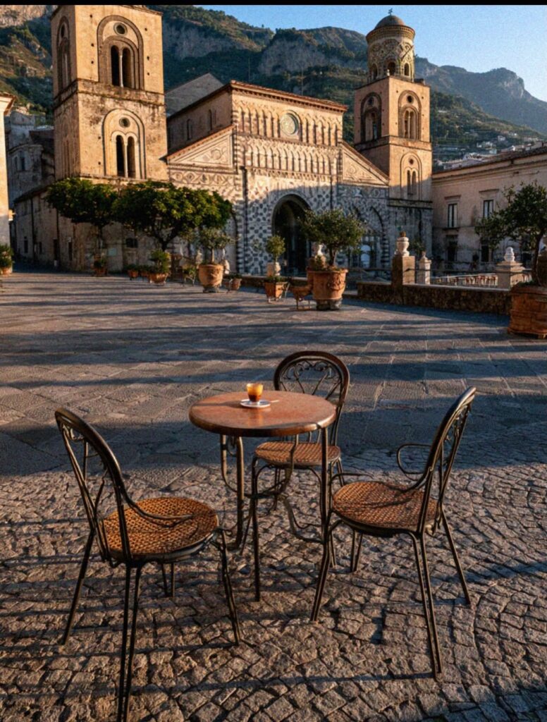 Cafe table and chairs in an Italian piazza with an ancient cathedral in warm morning light on the Amalfi Coast