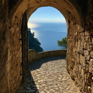 Medieval stone archway in Ravello framing a view of the shimmering sea on the Amalfi Coast