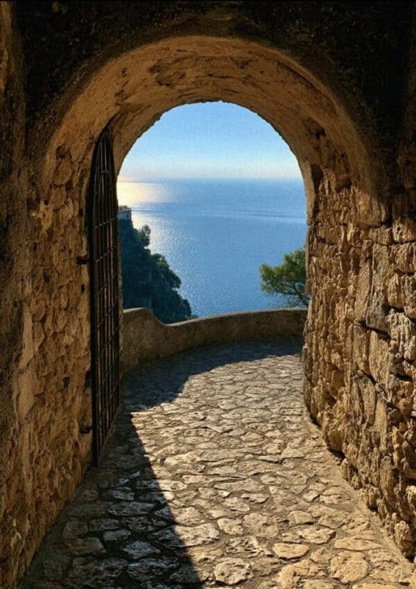 Medieval stone archway in Ravello framing a view of the shimmering sea on the Amalfi Coast
