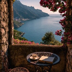 Stone terrace in Ravello with wrought iron table coffee and open book overlooking the Amalfi Coast