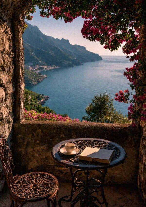 Stone terrace in Ravello with wrought iron table coffee and open book overlooking the Amalfi Coast