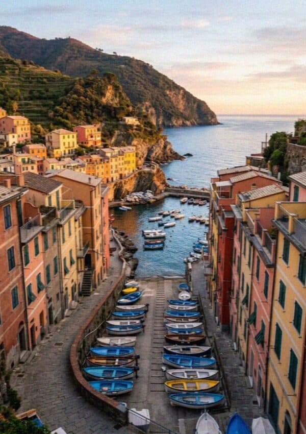 The harbour of Riomaggiore in Cinque Terre at golden hour with boats and tall colourful houses