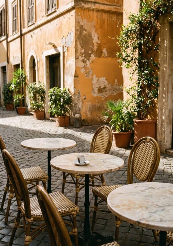 Outdoor cafe tables on a quiet cobbled Roman street in the morning