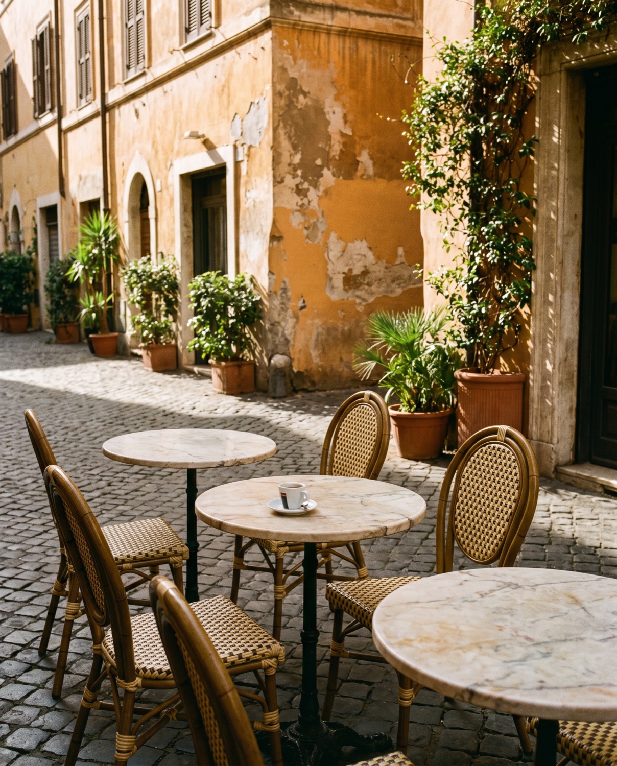 Outdoor cafe tables on a quiet cobbled Roman street in the morning