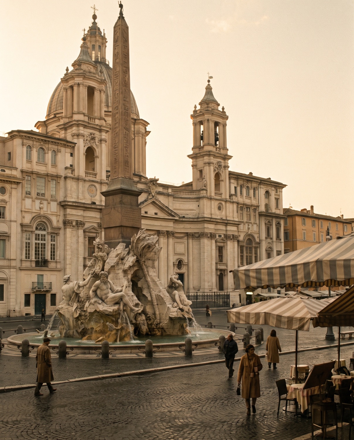 Piazza Navona in Rome in soft morning light with its baroque fountain and church facade