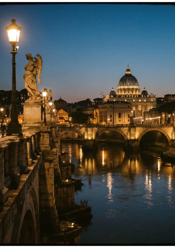 Ponte Sant'Angelo in Rome at blue hour with the dome of St Peter's beyond