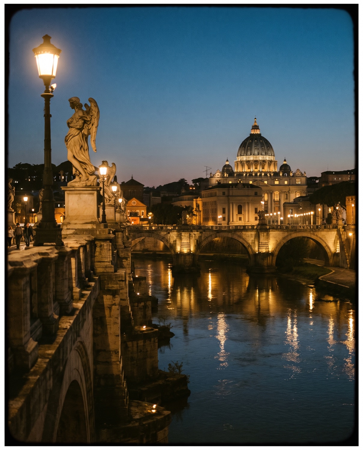 Ponte Sant'Angelo in Rome at blue hour, the marble angels leading toward the lit dome of St Peter's