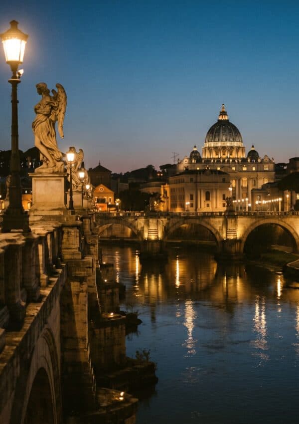 The dome of St Peter's lit at night seen from Ponte Sant'Angelo over the Tiber in Rome