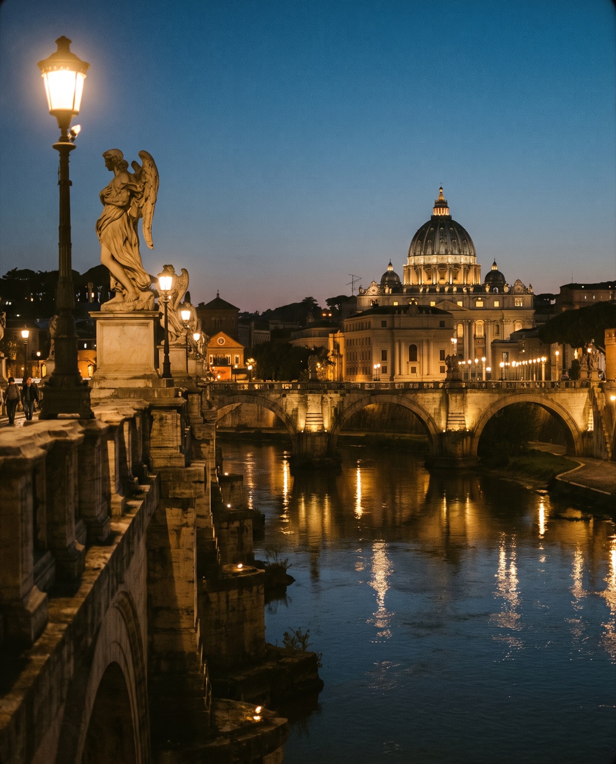 The dome of St Peter's lit at night seen from Ponte Sant'Angelo over the Tiber in Rome