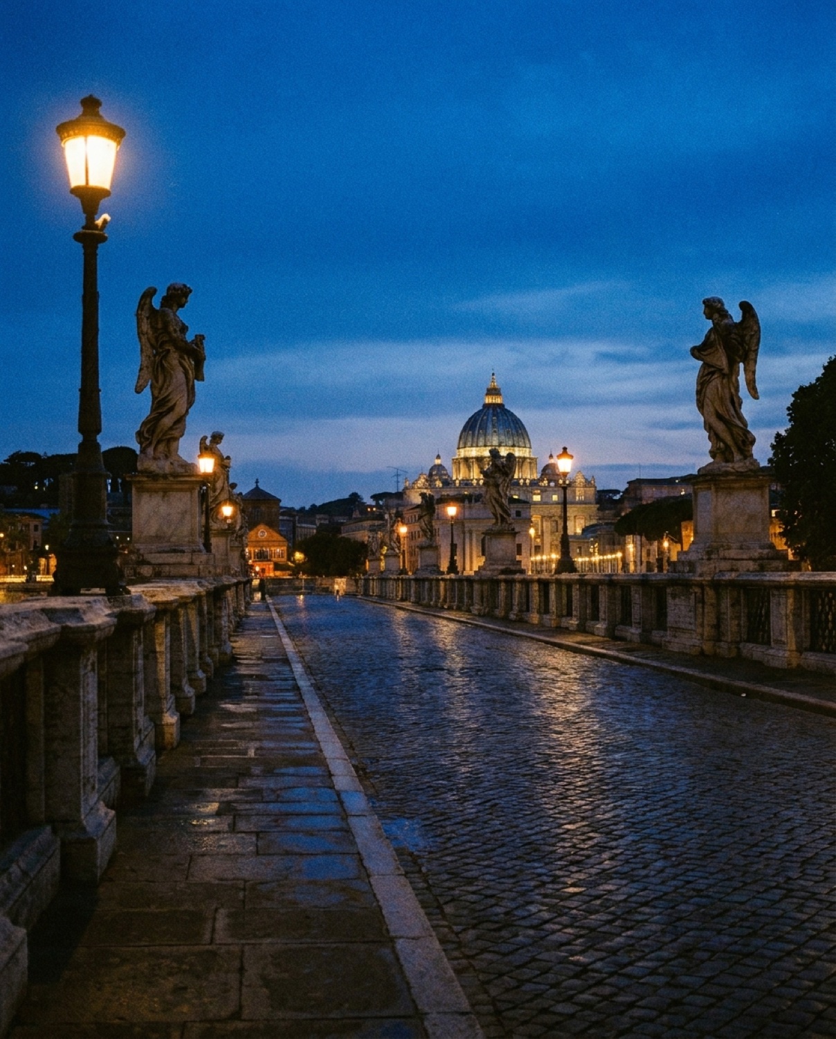 Ponte Sant'Angelo in Rome at blue hour, the marble angels leading toward the lit dome of St Peter's