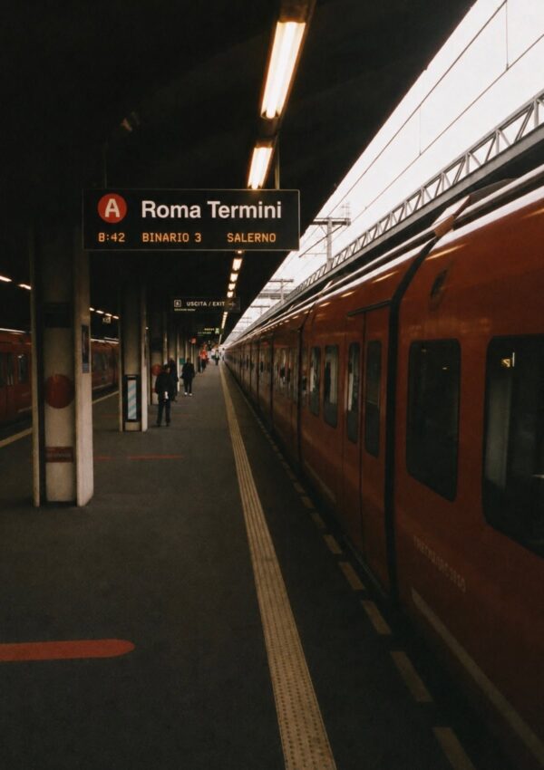 A red train at the platform of Roma Termini station beneath the departures sign