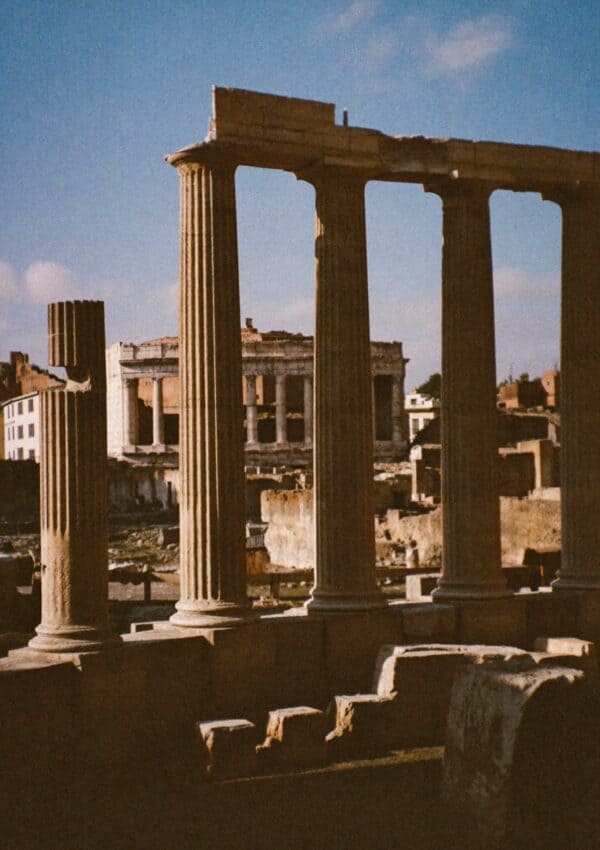 Ancient temple columns standing in the Roman Forum