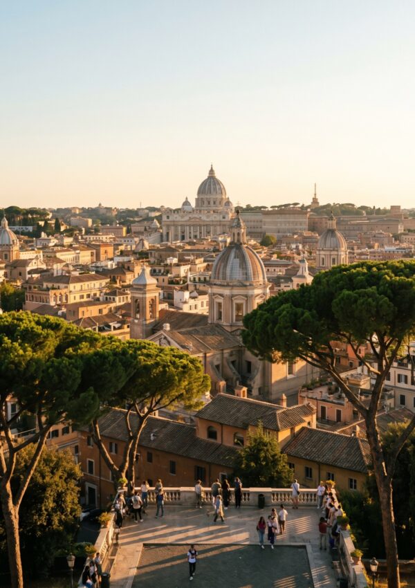 A panoramic view over the rooftops and domes of Rome at golden hour with St Peter's on the horizon
