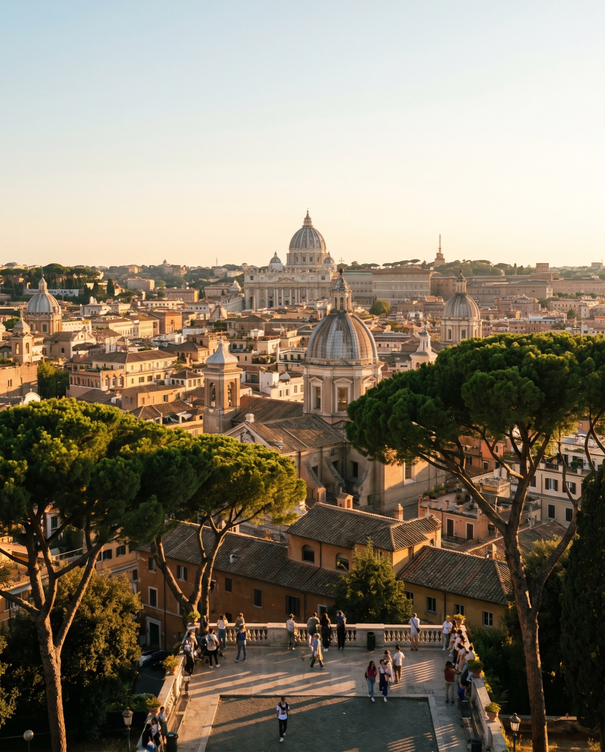 A panoramic view over the terracotta rooftops and domes of Rome at golden hour