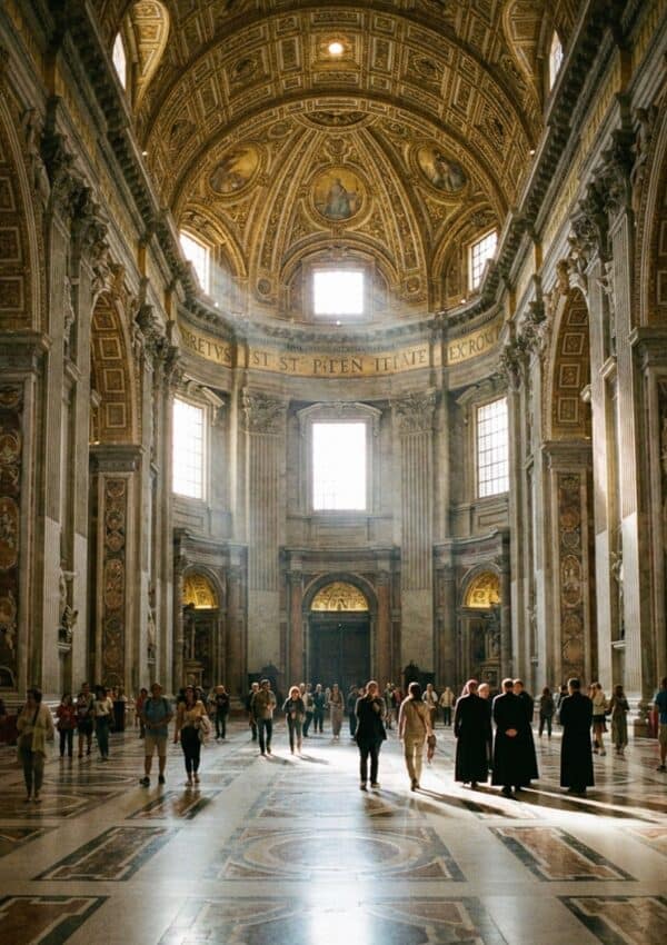 The vast marble nave and soaring gilded vault inside St Peter's Basilica in Rome with light falling across the floor