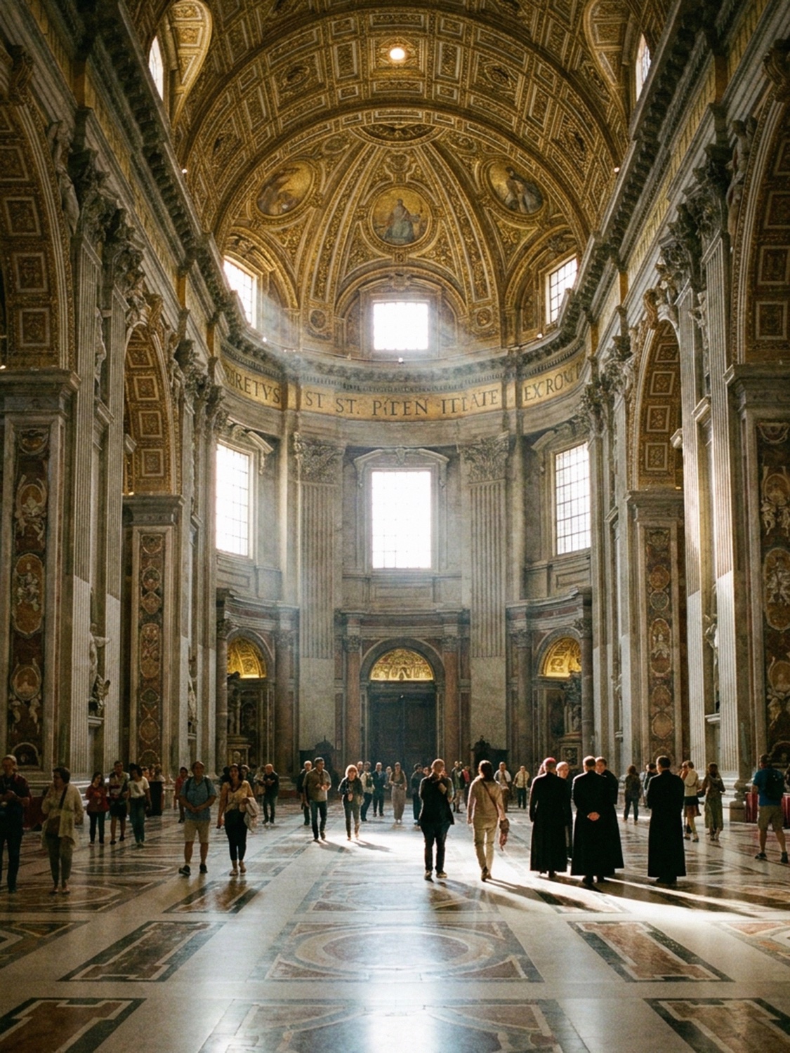 The vast marble nave and soaring gilded vault inside St Peter's Basilica in Rome with light falling across the floor
