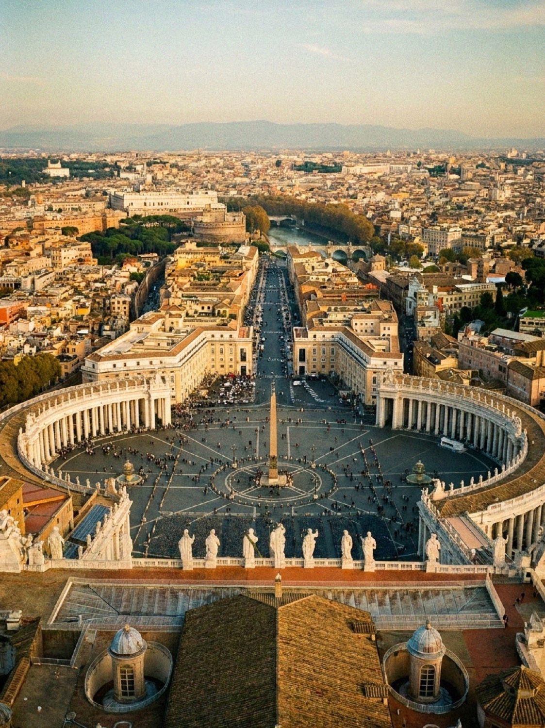 An aerial view of St Peter's Square in Vatican City with the curved colonnade and central obelisk