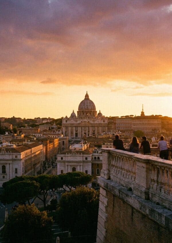 A sunset view over Rome toward the dome of St Peter's from a terrace