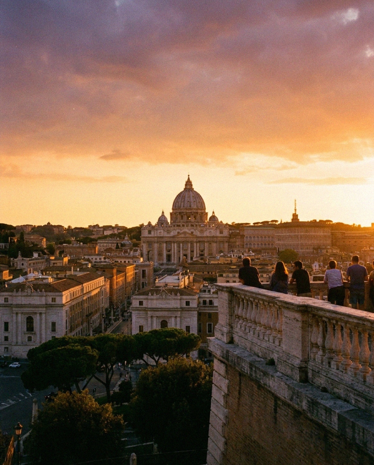 A sunset view over Rome toward the dome of St Peter's from a terrace