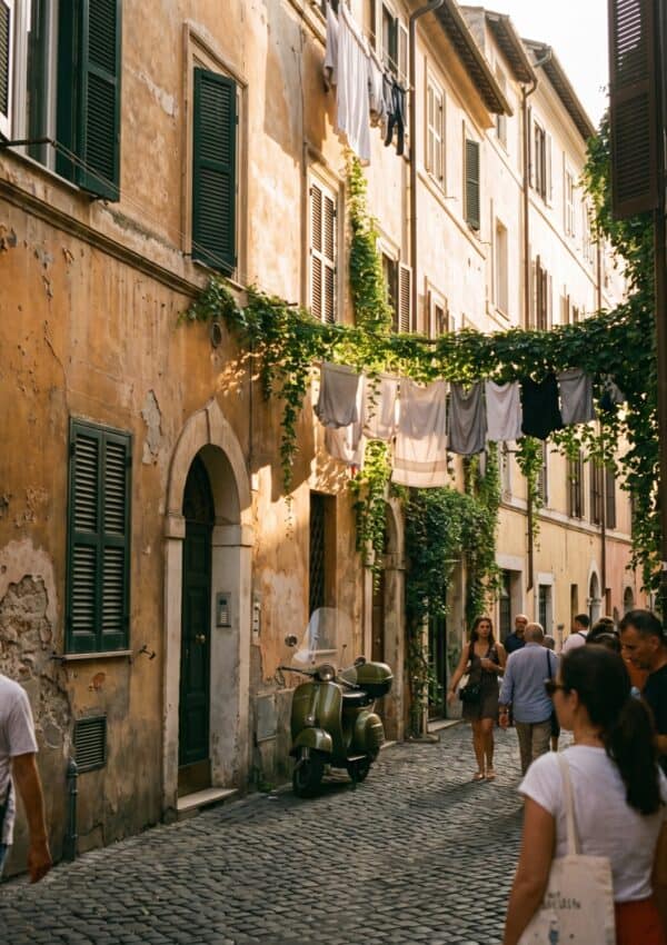 A narrow cobbled lane in Trastevere Rome with ivy and washing between ochre walls