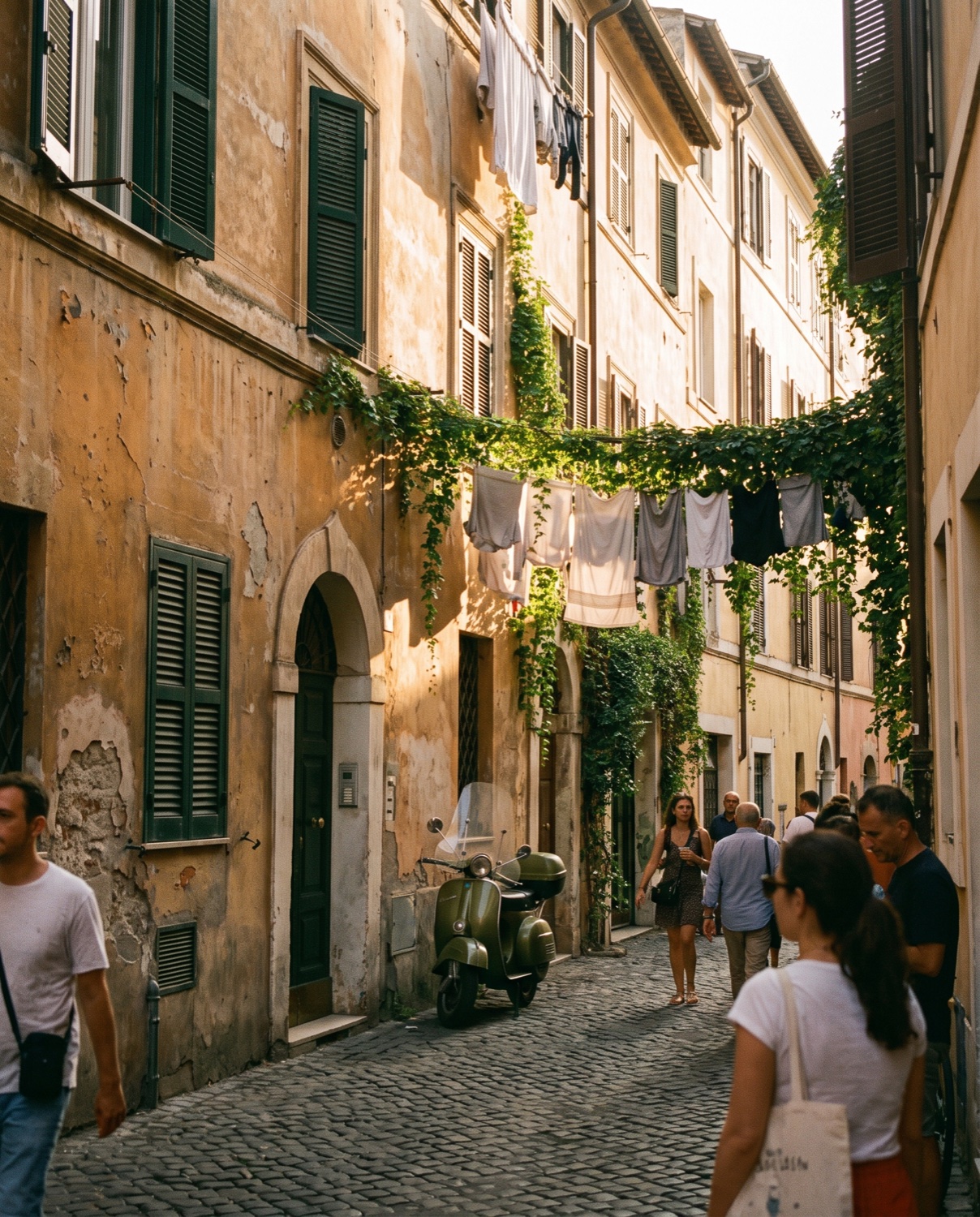 A narrow cobbled lane in Trastevere Rome with ivy and washing between ochre walls