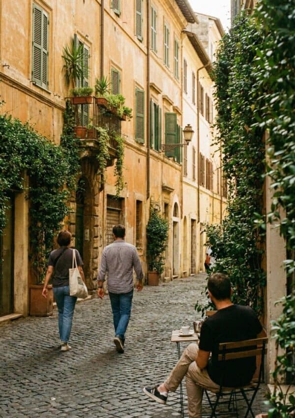 A quiet cobbled lane in Trastevere, Rome, with ivy, ochre walls and a cafe table