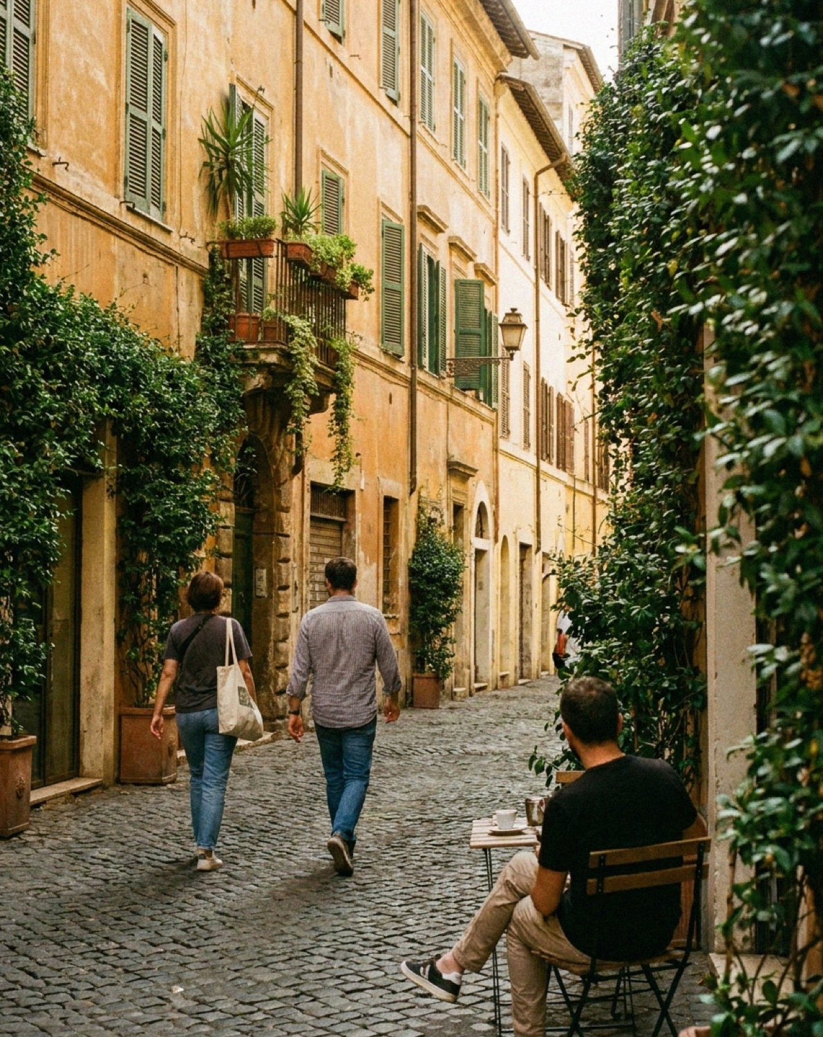 A quiet cobbled lane in Trastevere, Rome, with ivy, ochre walls and a cafe table