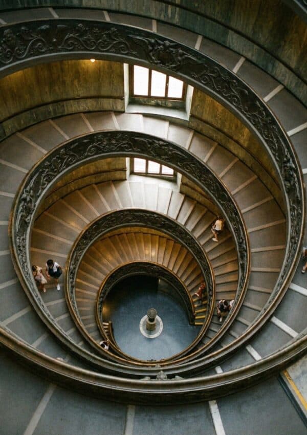 The Bramante double helix spiral staircase in the Vatican Museums in Rome seen from above