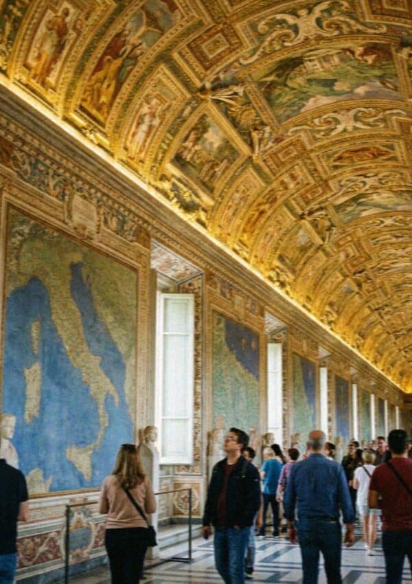 The Gallery of Maps in the Vatican Museums in Rome, painted maps along the walls beneath a gilded ceiling