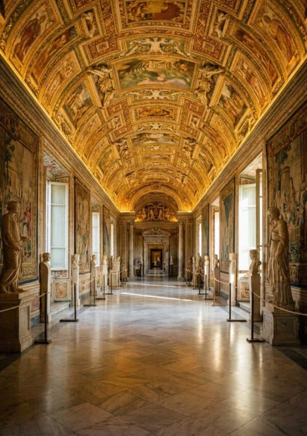 A long gallery of the Vatican Museums in Rome lined with classical statues beneath a frescoed and gilded ceiling