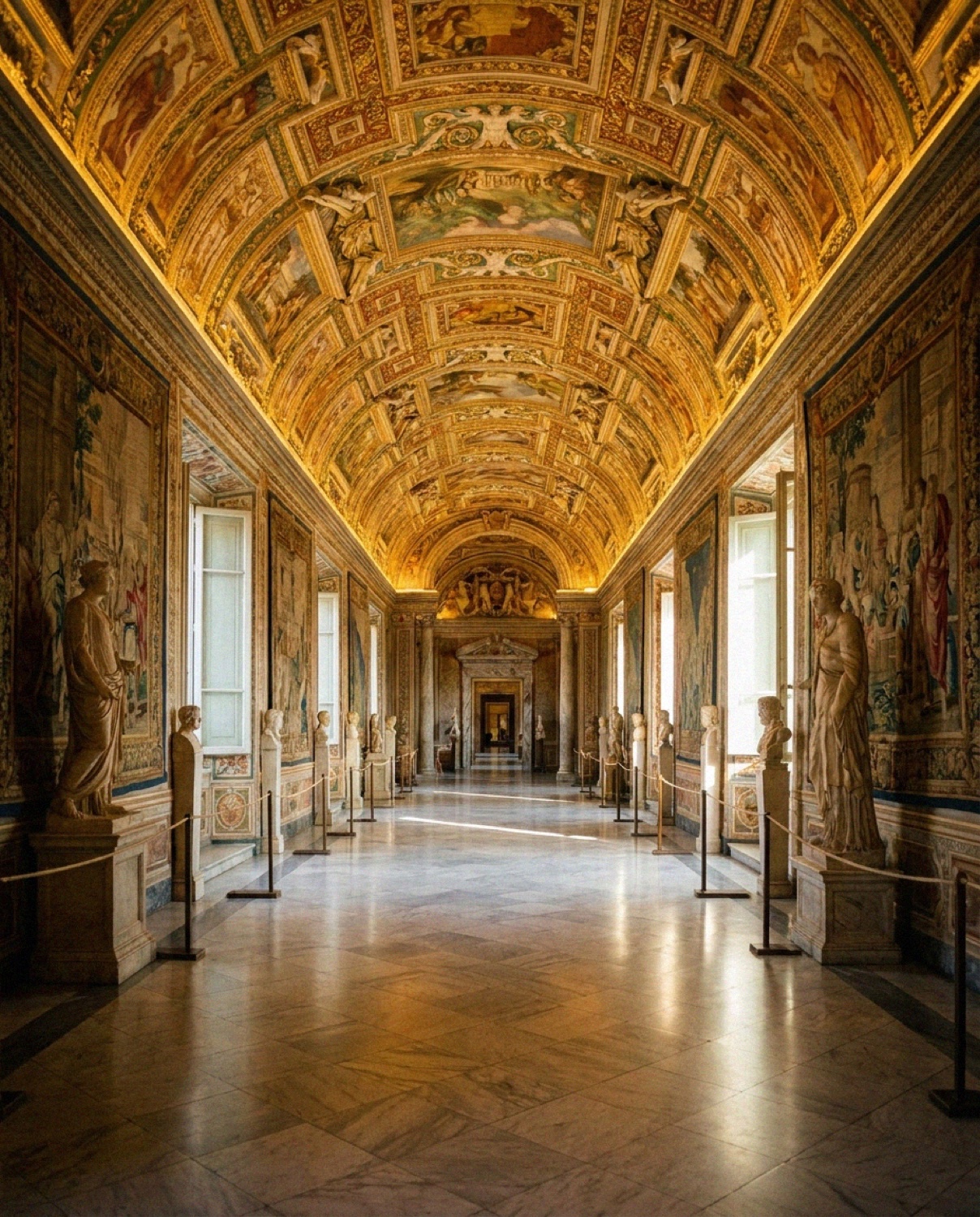 A long gallery of the Vatican Museums in Rome lined with classical statues beneath a frescoed and gilded ceiling
