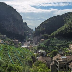 The entrance to the Valle delle Ferriere above Amalfi with lemon groves and dramatic cliff walls opening into the valley