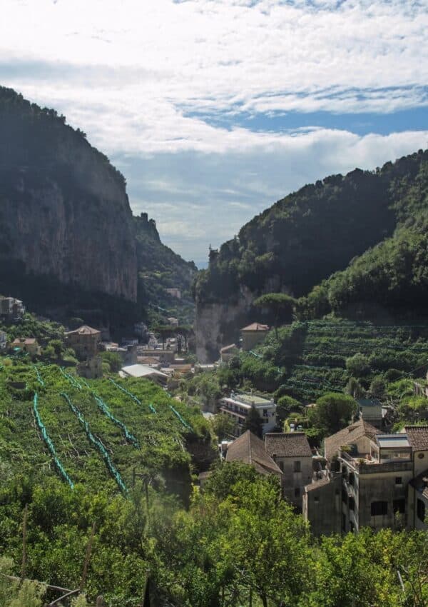 The entrance to the Valle delle Ferriere above Amalfi with lemon groves and dramatic cliff walls opening into the valley