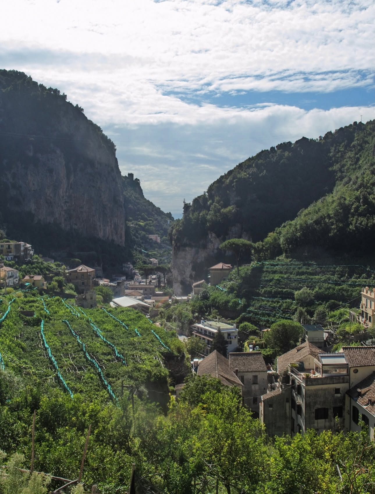 The entrance to the Valle delle Ferriere above Amalfi with lemon groves and dramatic cliff walls opening into the valley