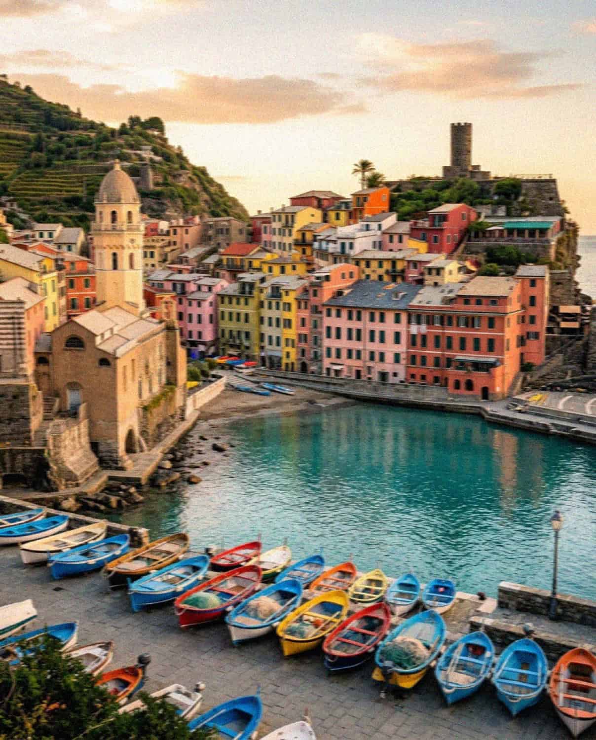 The harbour of Vernazza in Cinque Terre with colourful boats pastel houses and the bell tower