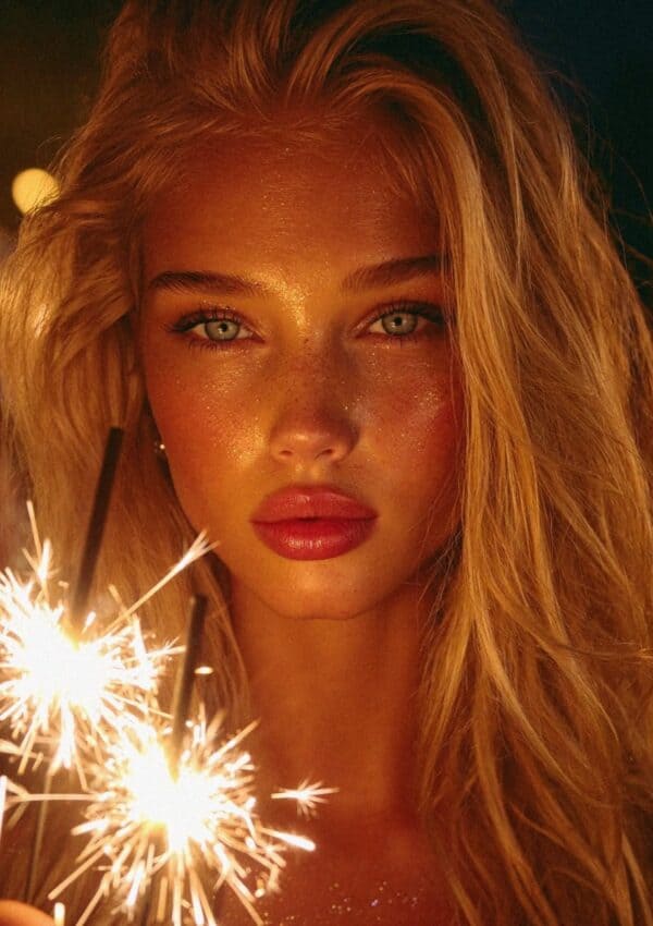 Victoria Van Der Berg close-up portrait holding a sparkler, warm golden light illuminating her face on a yacht off the Amalfi Coast
