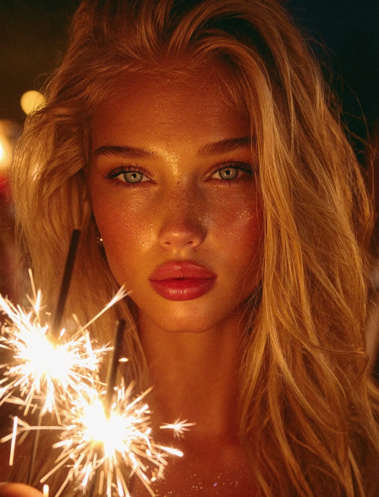 Victoria Van Der Berg close-up portrait holding a sparkler, warm golden light illuminating her face on a yacht off the Amalfi Coast
