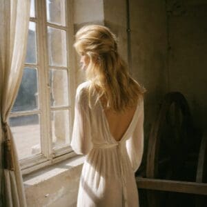 Victoria Van Der Berg by a window in soft light getting ready in Amalfi