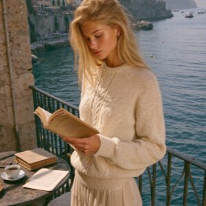 Victoria Van Der Berg reading on a balcony terrace overlooking the Amalfi Coast