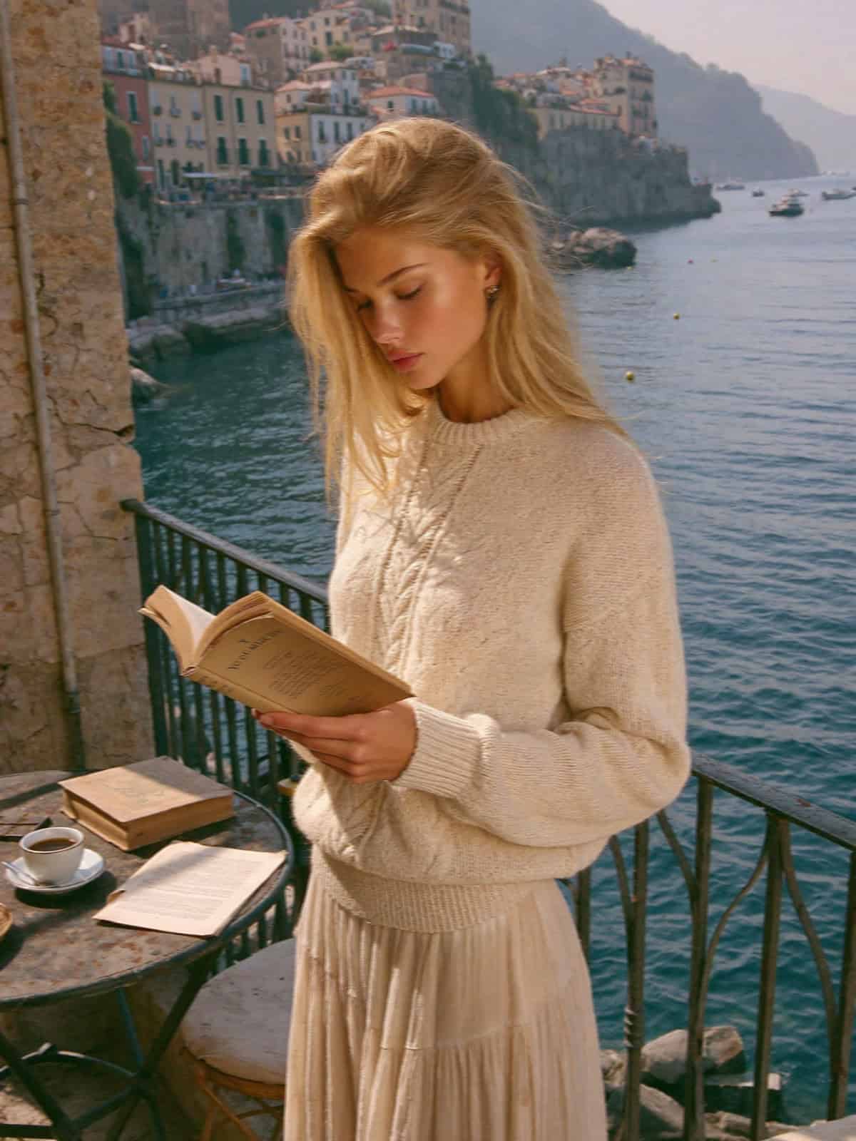 Victoria Van Der Berg reading on a balcony terrace overlooking the Amalfi Coast