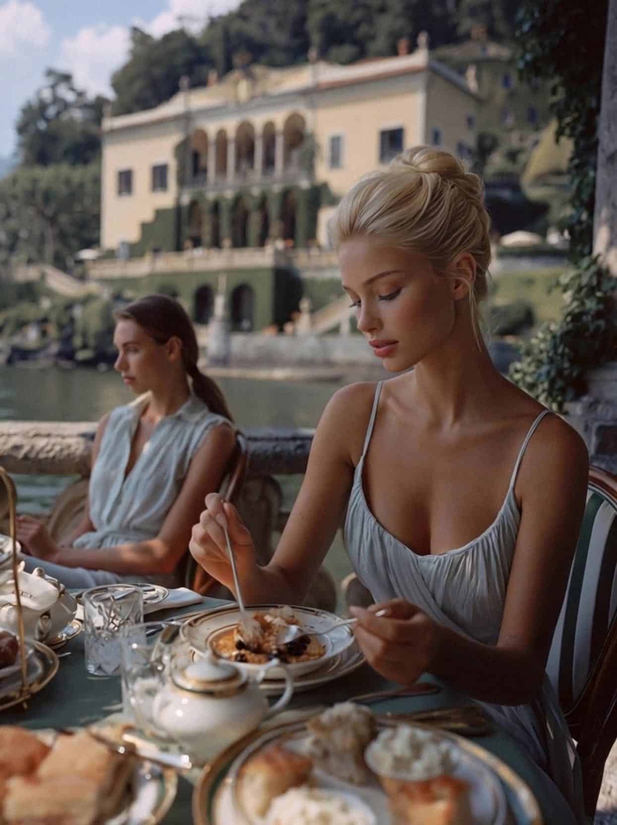 Victoria Van Der Berg at breakfast on a villa terrace, Lake Como