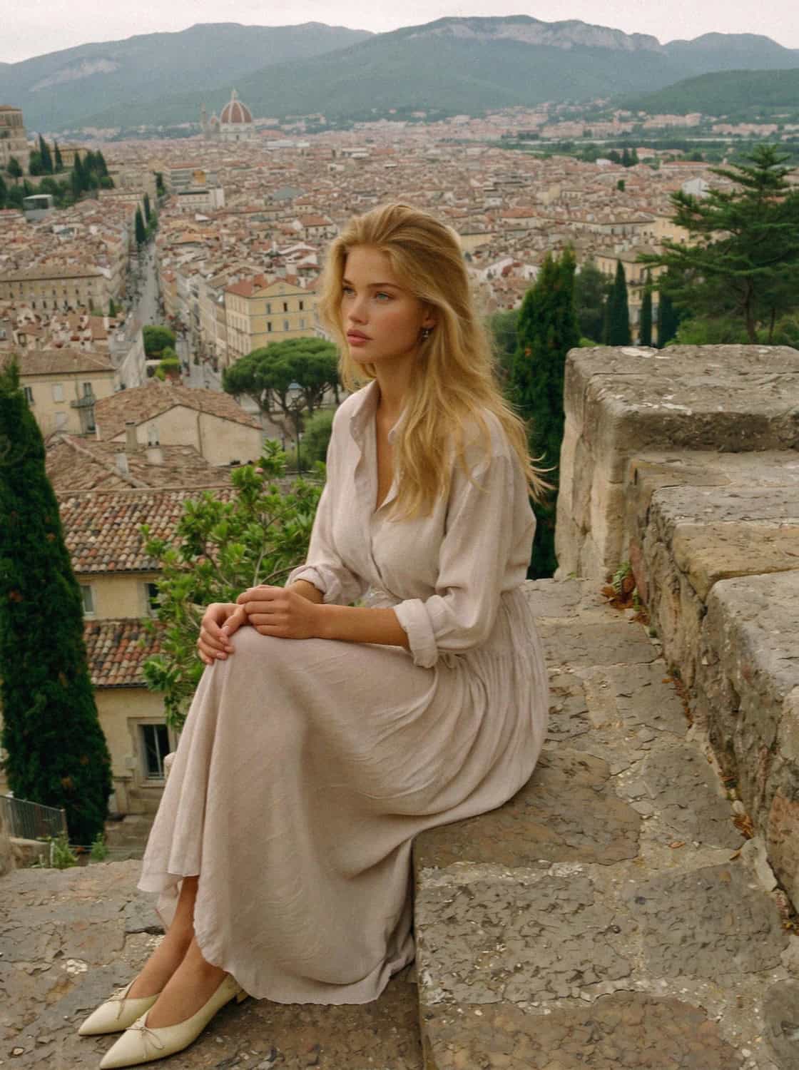 Victoria Van Der Berg seated on a stone wall above the rooftops of Florence