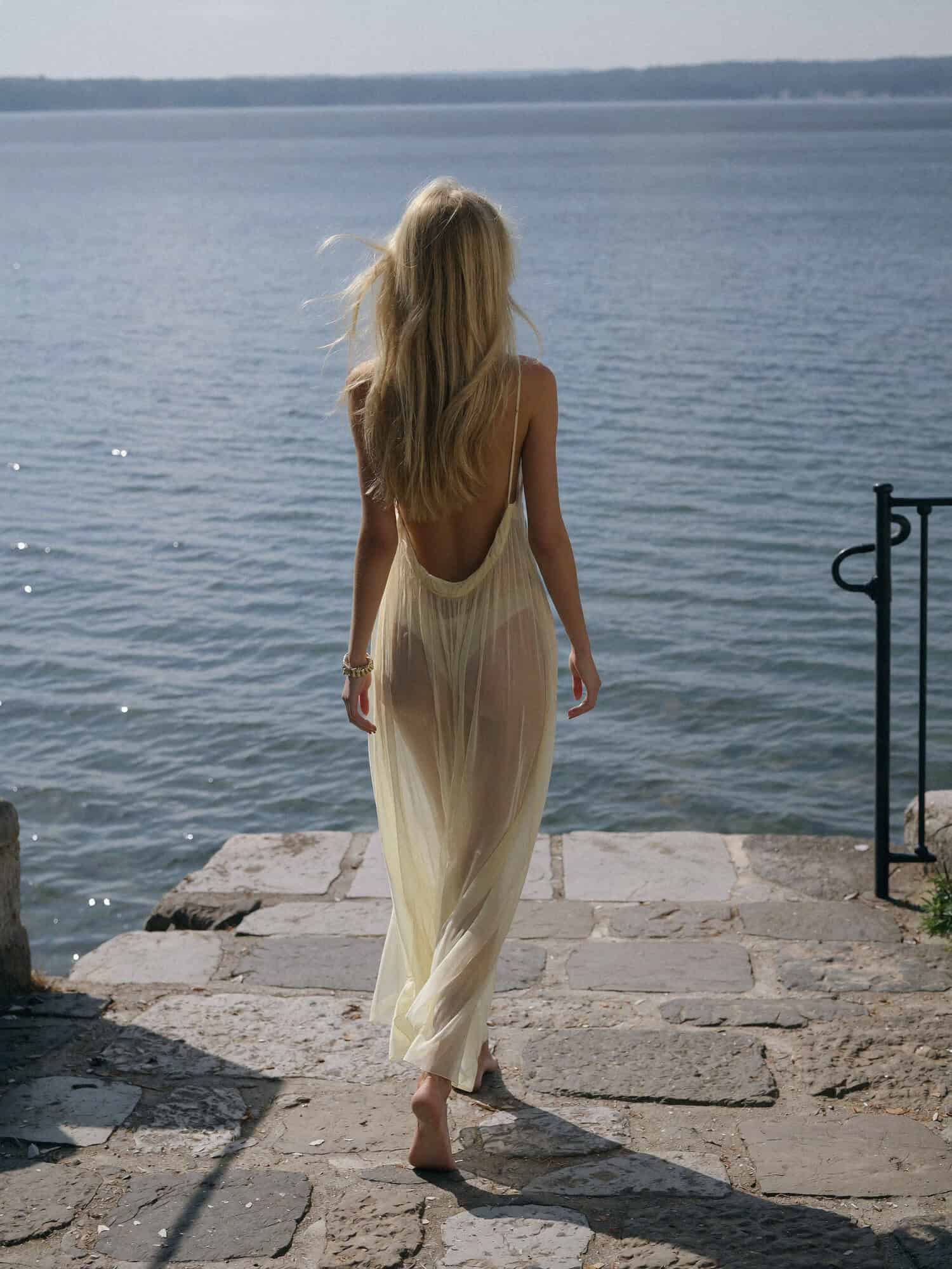 Victoria Van Der Berg walking down stone steps to the water on Lake Como