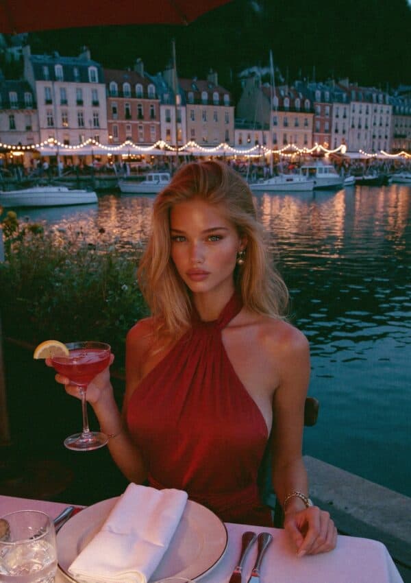 Victoria in a red halter dress with a cocktail on the Portofino waterfront at dusk